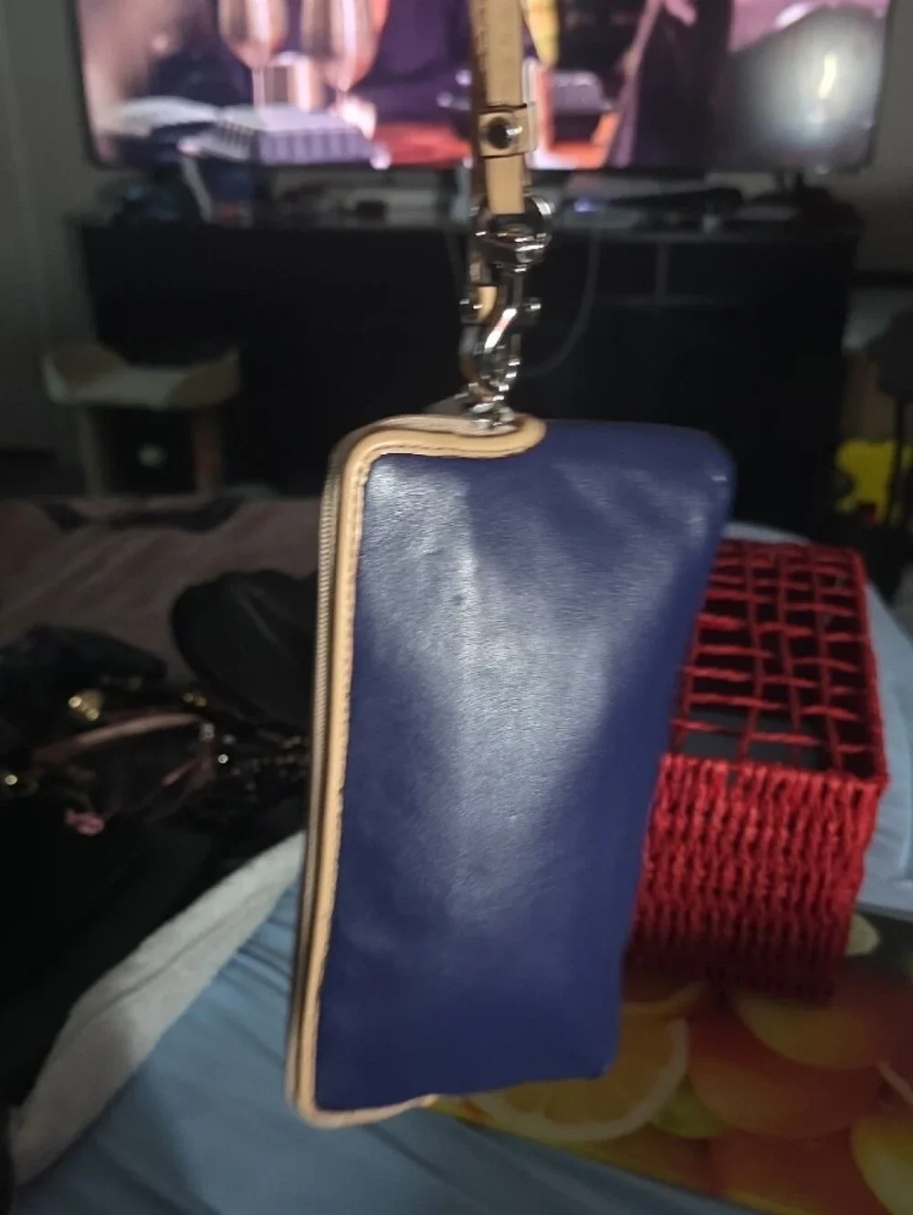 Coach Navy and Beige Leather Wristlet with Green Trim